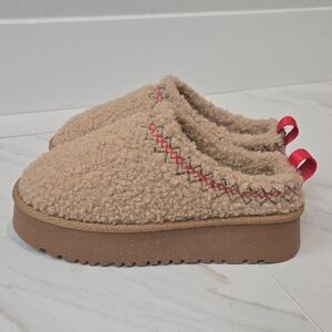 CCOCCI Tan Fuzzy Slip-On Shoes with Red Accents